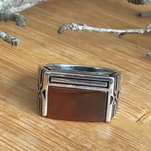 925 Sterling Silver Men's Ring With Agate Stone - Picture 5 of 12